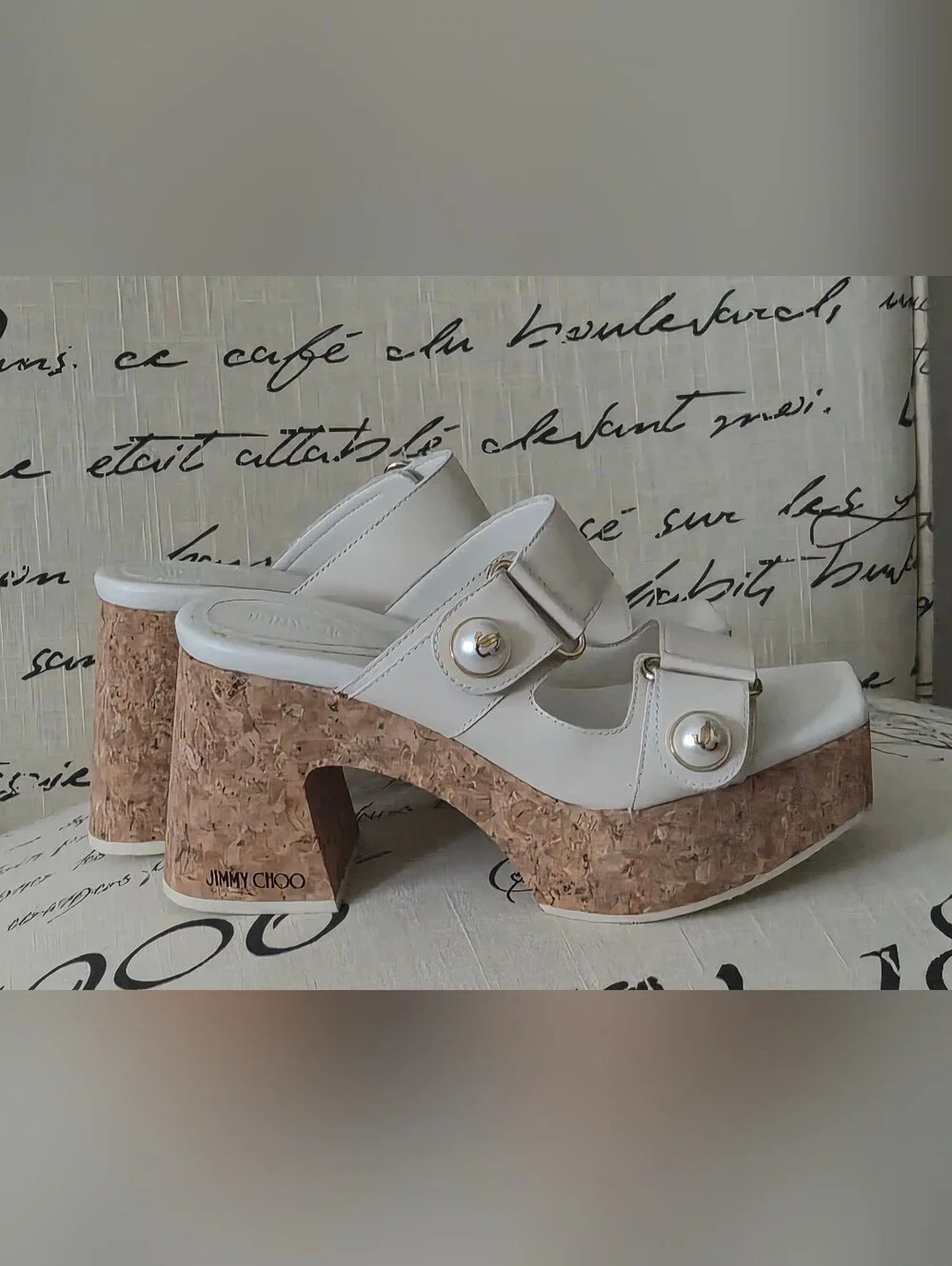 Jimmy Choo Cream Leather Cork Wedge Sandals with Pearl Accents